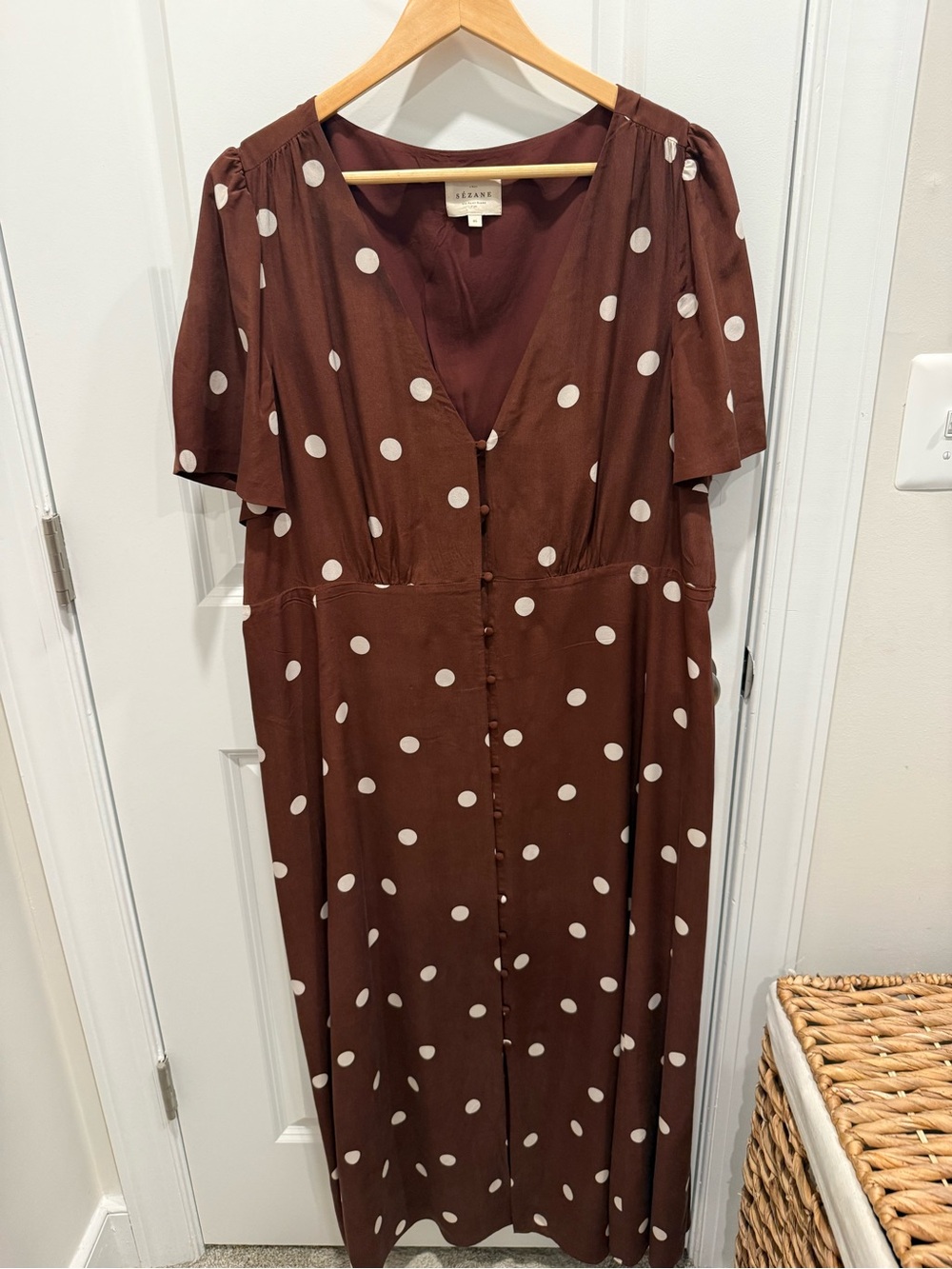 Sezane Solia Polka Dot V-Neck Flutter Sleeve Midi Dress - Brown Sz 46/14 - Picture 3 of 6